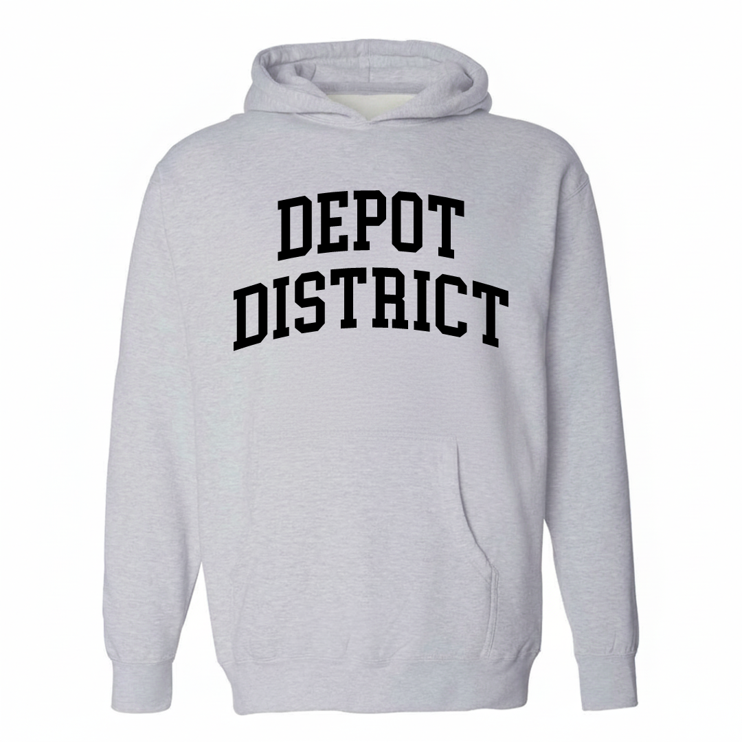 Heather-gray hoodie with the Depot District varsity arched lettering design on the chest.
