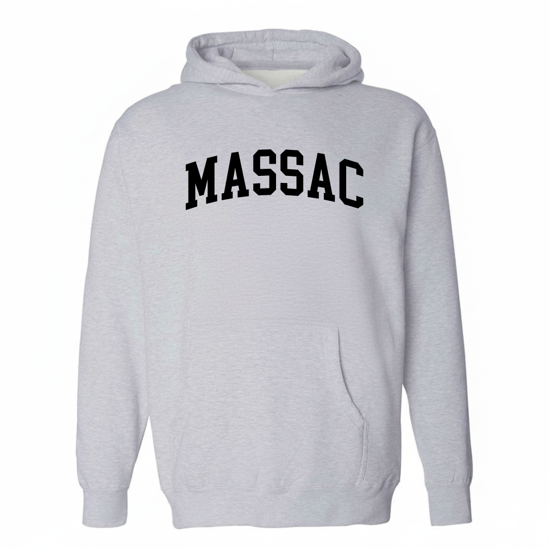 Heather-gray hoodie with the Massac arched varsity lettering design on the chest.