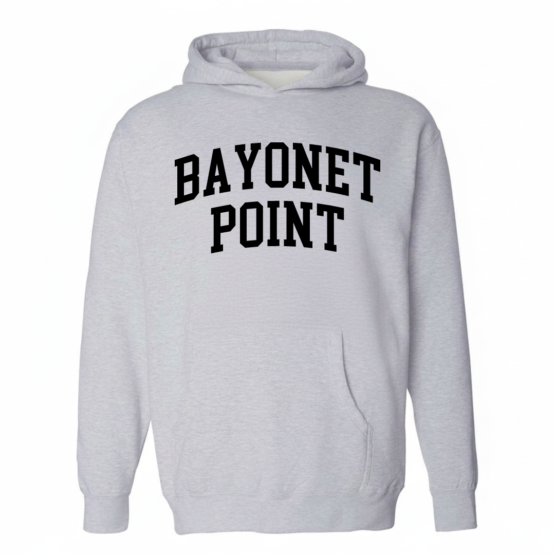 Heather-gray hoodie with the Bayonet Point varsity arched lettering design on the chest.