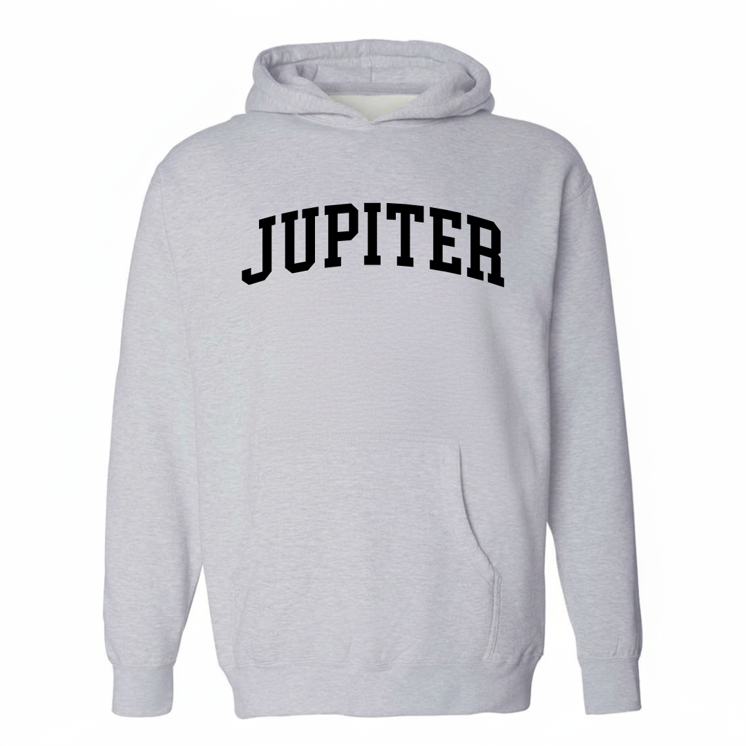 Heather-gray hoodie with the Jupiter arched lettering and lighthouse varsity-collegiate design on the chest.