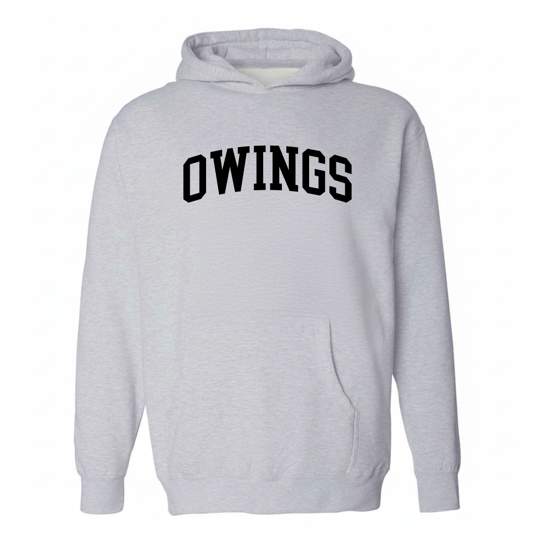 Heather-gray hoodie with the Owings arched varsity lettering design on the chest.