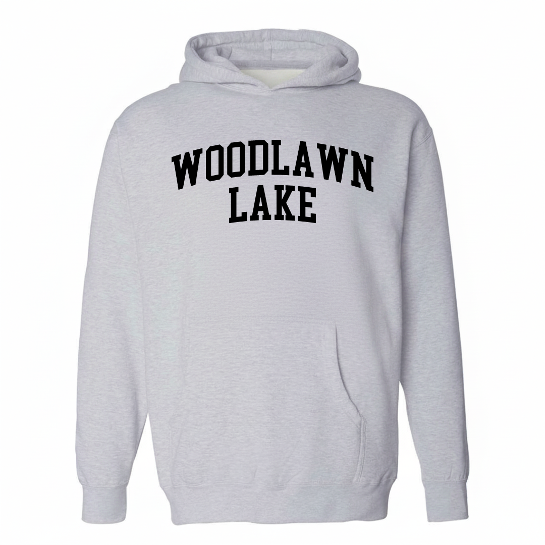 Heather-gray hoodie with the Woodlawn Lake varsity arched lettering design on the chest.