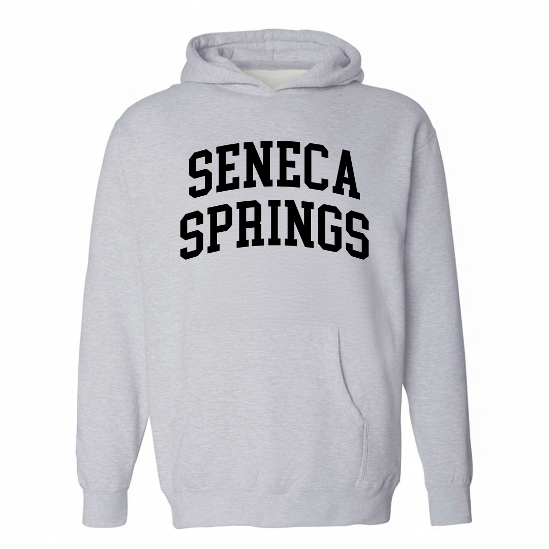 Heather-gray hoodie with the Seneca Springs arched lettering varsity-collegiate design on the chest.