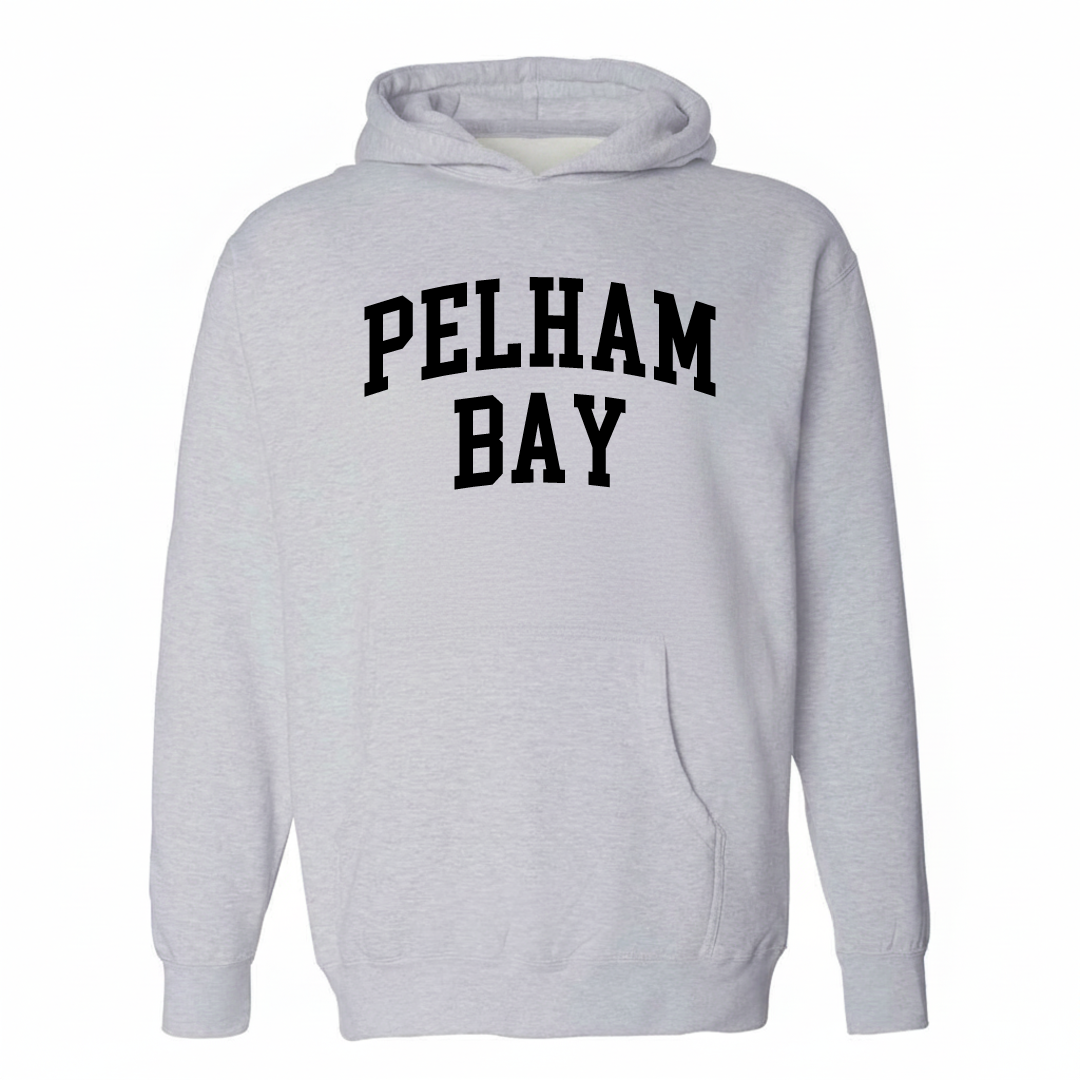 Heather-gray hoodie with the Pelham Bay varsity arched lettering design on the chest.