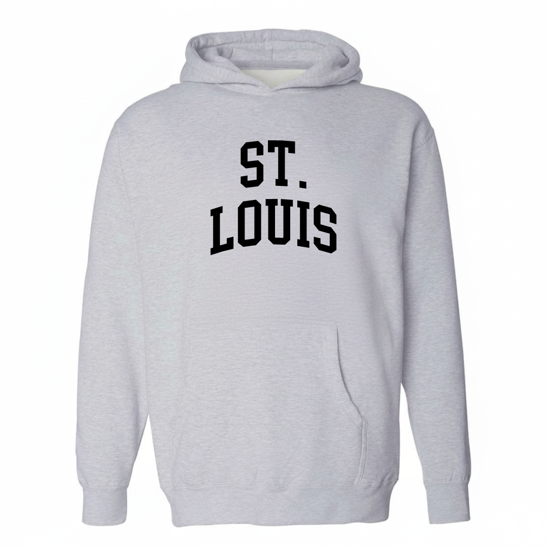 Heather-gray hoodie with the St. Louis arched lettering Gateway City design on the chest.