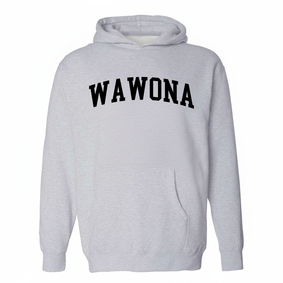 Heather-gray hoodie with the Wawona varsity arched lettering design on the chest.