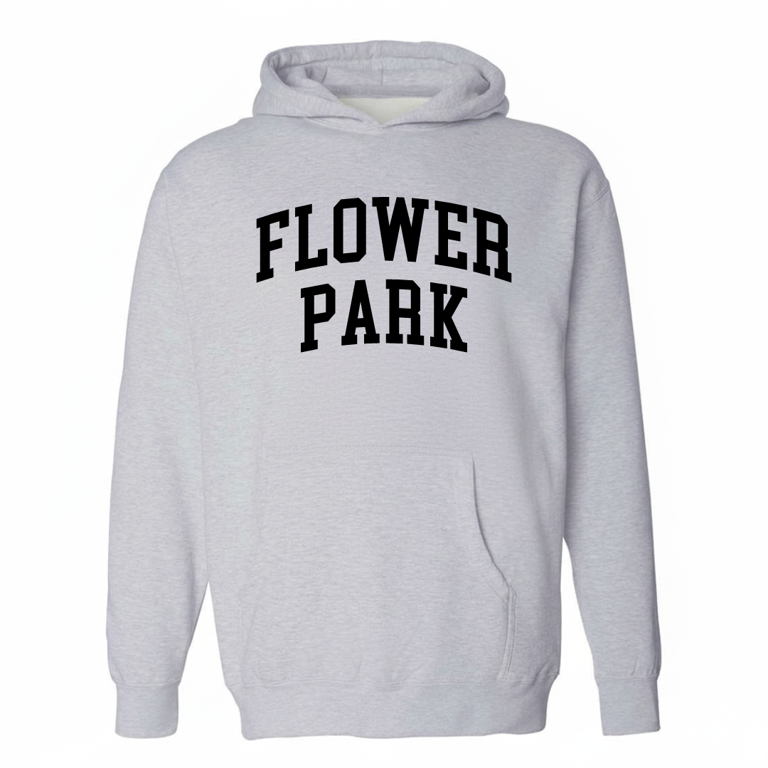Heather-gray hoodie with the Flower Park varsity arched lettering design on the chest.