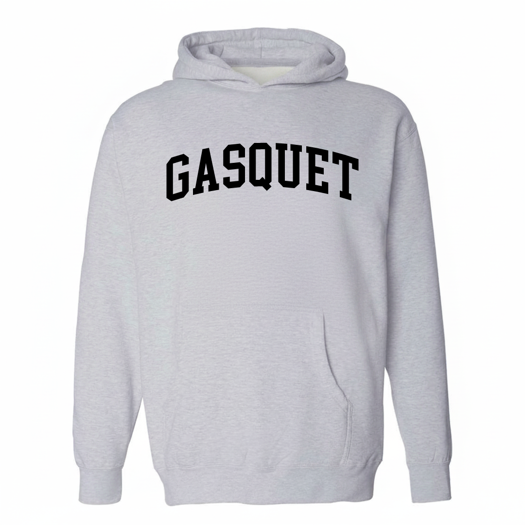 Heather-gray hoodie with the Gasquet varsity arched lettering design on the chest.