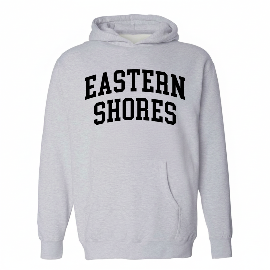 Heather-gray hoodie with the Eastern Shores arched lettering varsity-collegiate design on the chest.