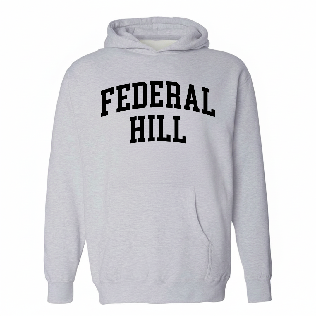 Heather-gray hoodie with the Federal Hill arched lettering design on the chest.