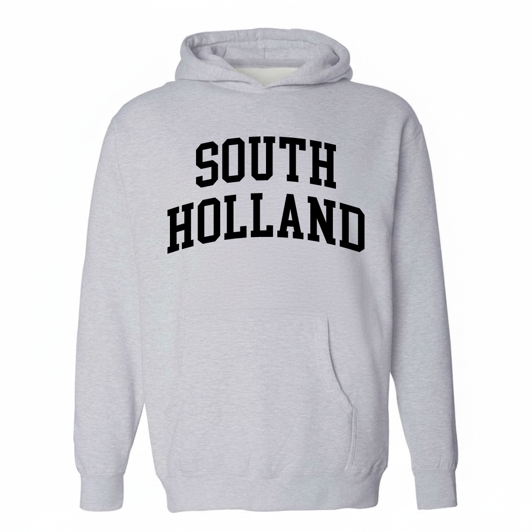 Heather-gray hoodie with the South Holland arched lettering design on the chest.