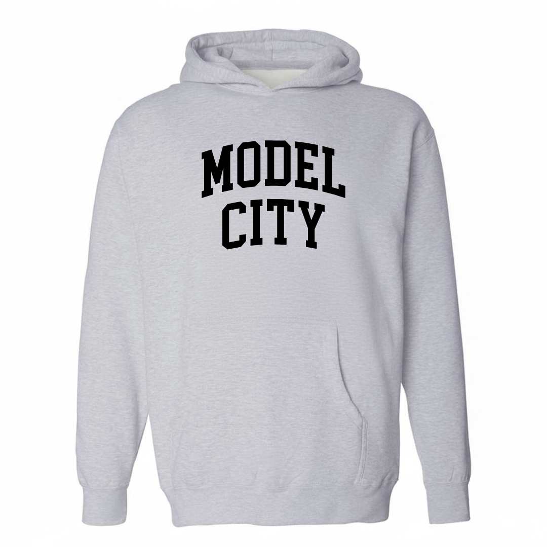 Heather-gray hoodie with the Model City varsity arched lettering design on the chest.