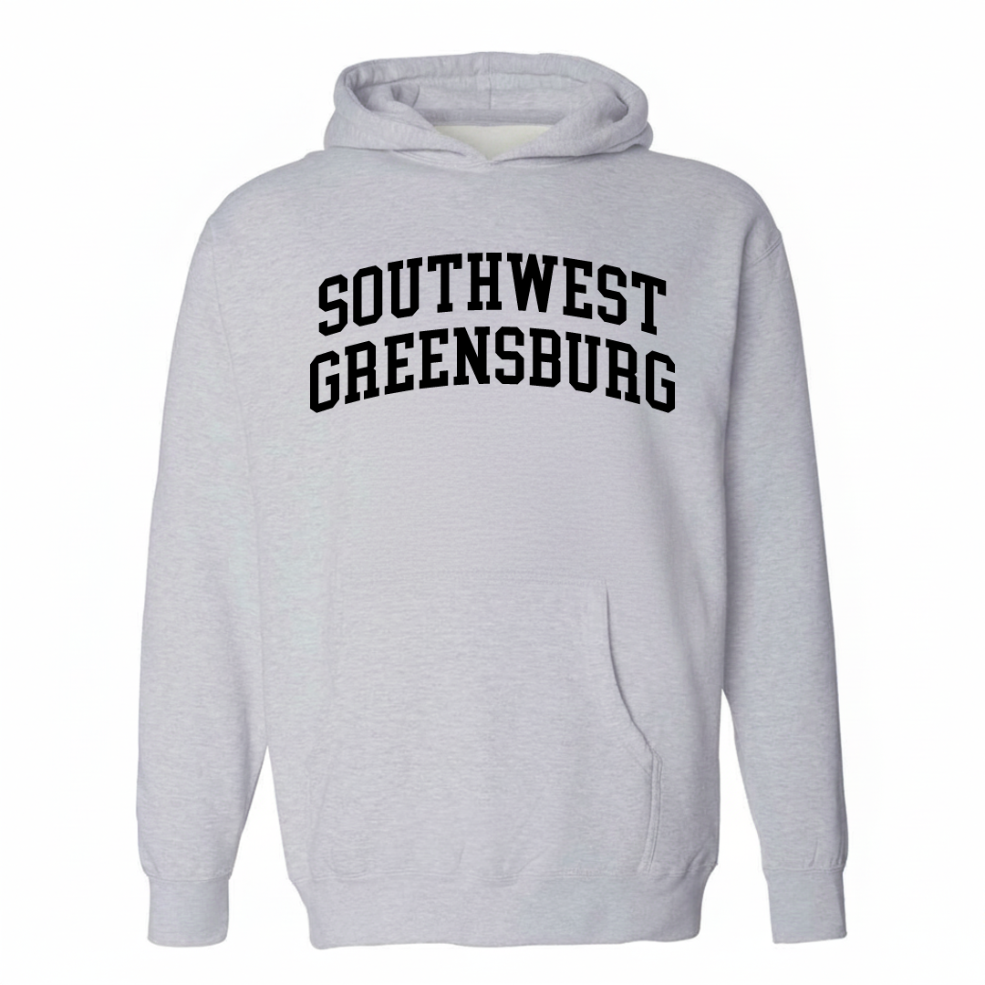 Heather-gray hoodie with the Southwest Greensburg varsity arched lettering design on the chest.