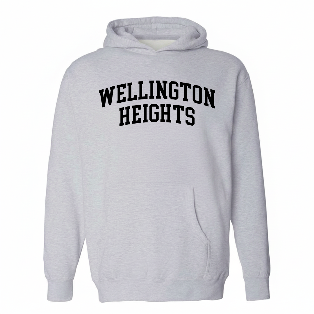 Heather-gray hoodie with the Wellington Heights varsity arched lettering design on the chest.