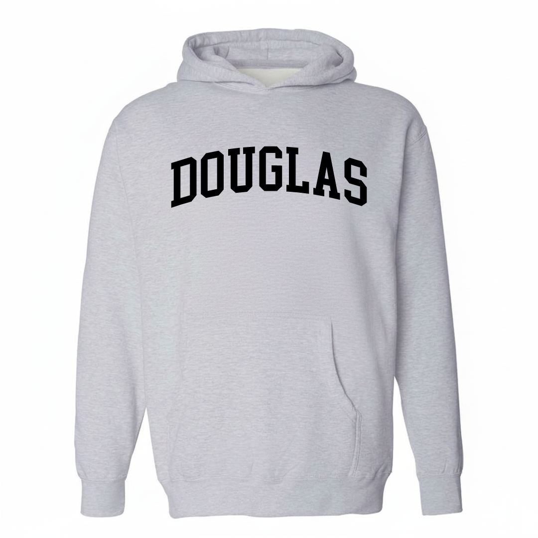 Heather-gray hoodie with the Douglas, MI varsity arched lettering design on the chest.