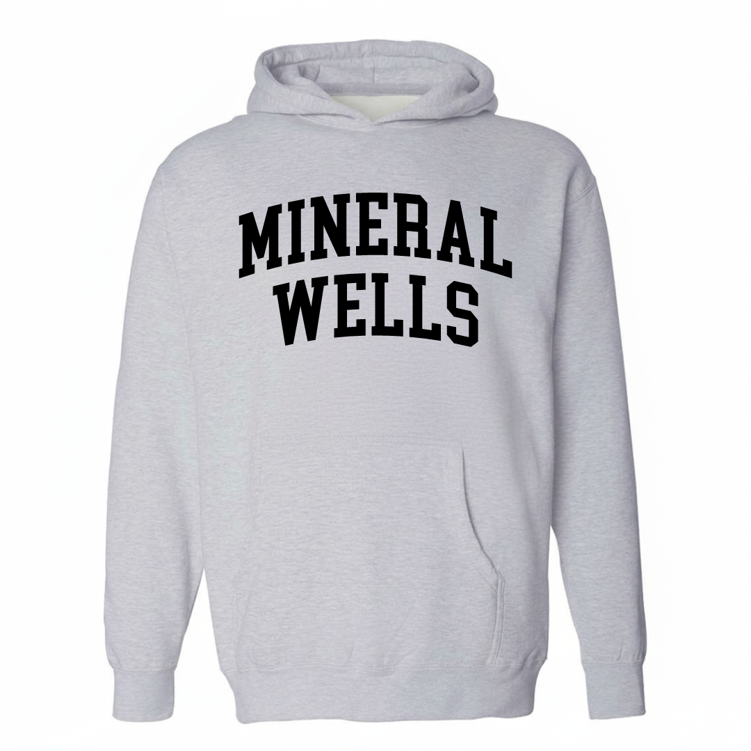 Heather-gray hoodie with the Mineral Wells varsity arched lettering design on the chest.