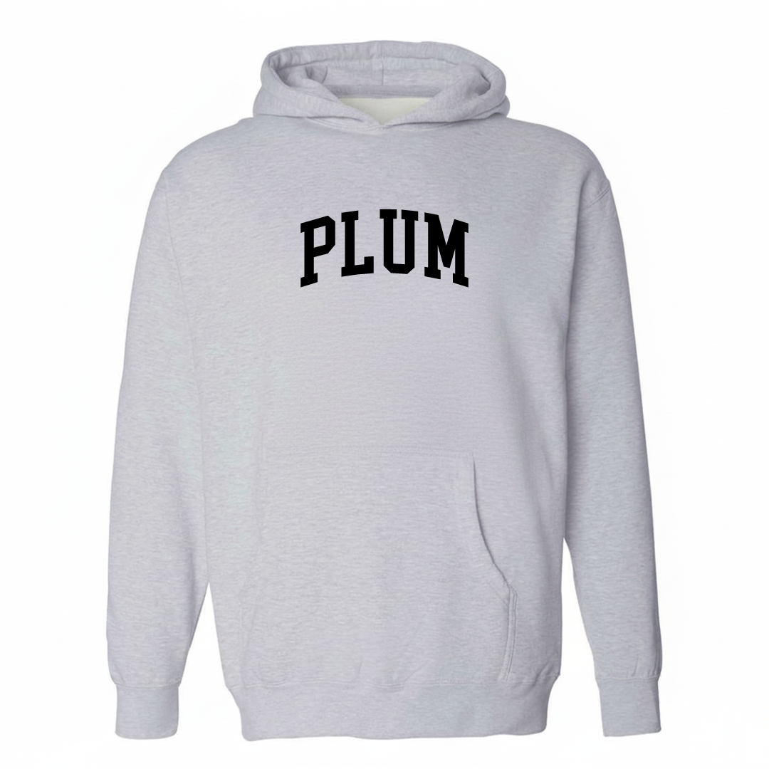 Heather-gray hoodie with the Plum Borough varsity arched lettering design on the chest.