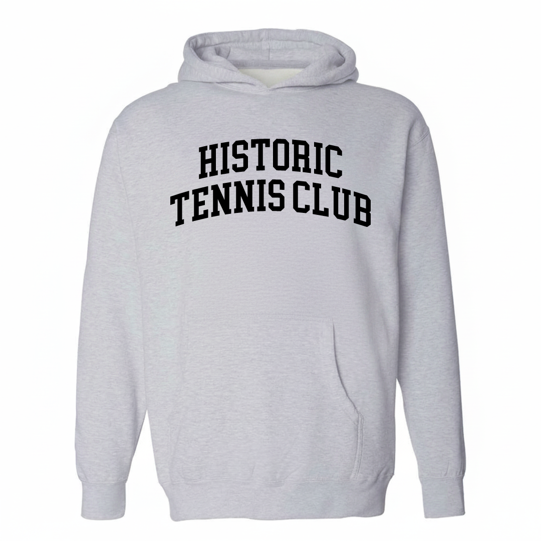 Heather-gray hoodie with the Historic Tennis Club varsity arched lettering design on the chest.