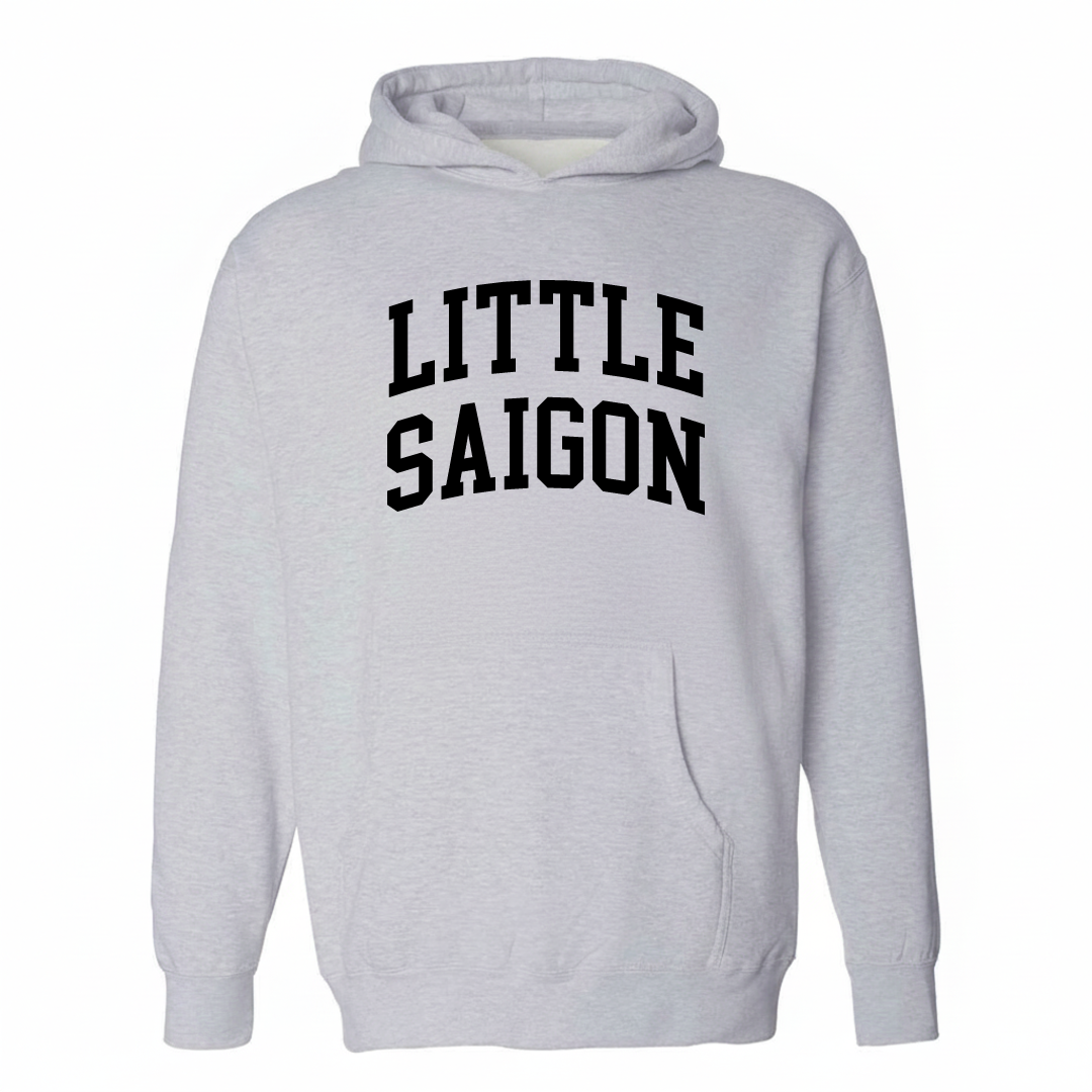Heather-gray hoodie with the Little Saigon arched varsity lettering design on the chest.