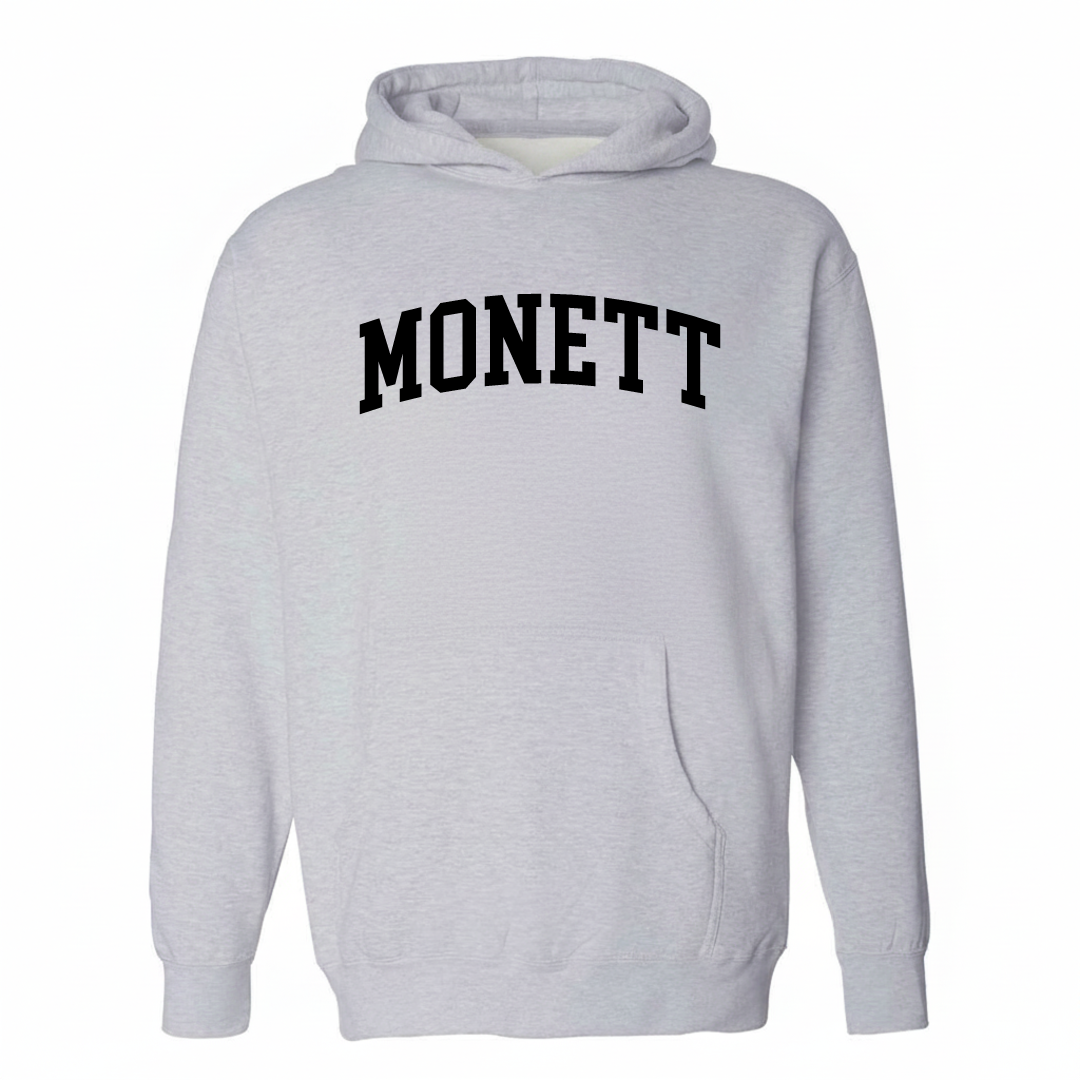 Heather-gray hoodie with the Monett arched lettering design on the chest.