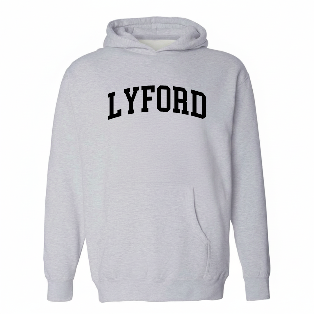 Heather-gray hoodie with the Lyford varsity arched lettering design on the chest.