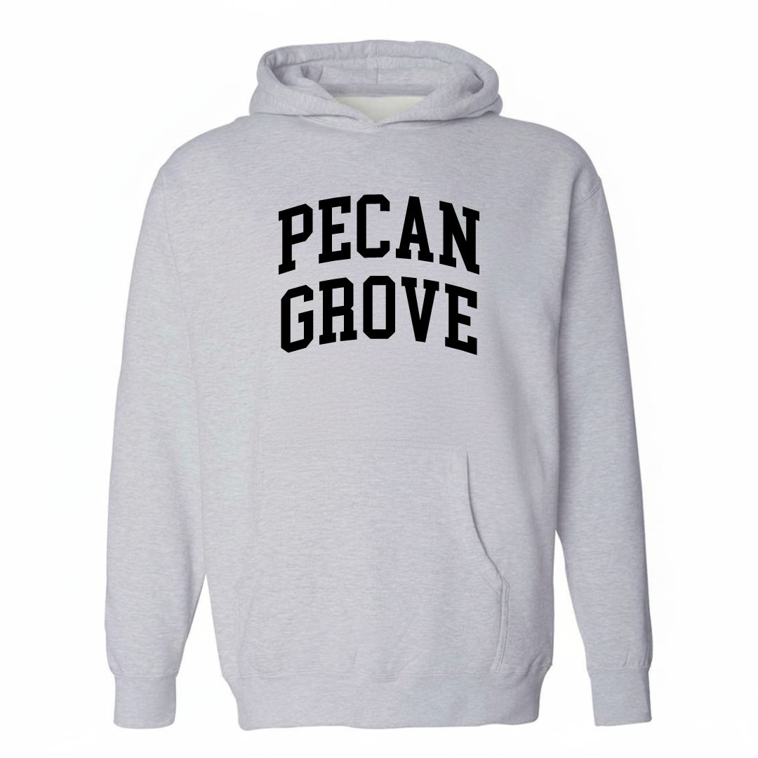 Heather-gray hoodie with the Pecan Grove varsity arched lettering design on the chest.