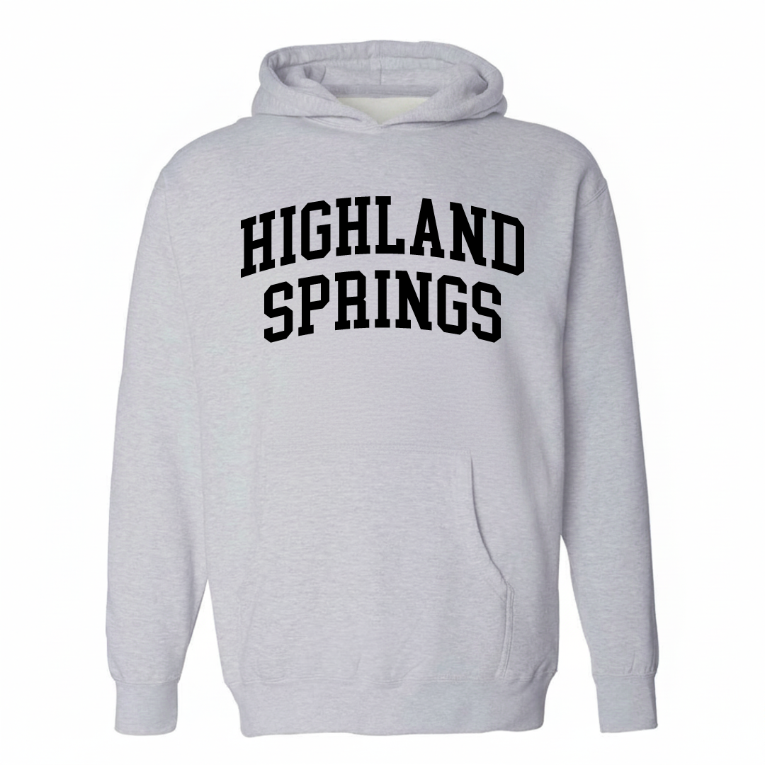 Heather-gray hoodie with the Highland Springs varsity arched lettering design on the chest.