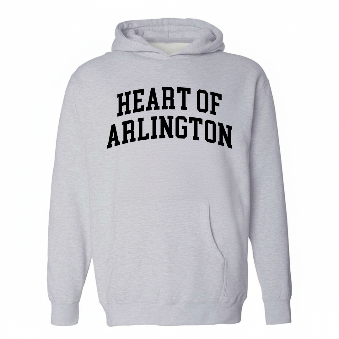 Heather-gray hoodie with the Heart of Arlington varsity arched lettering design on the chest.