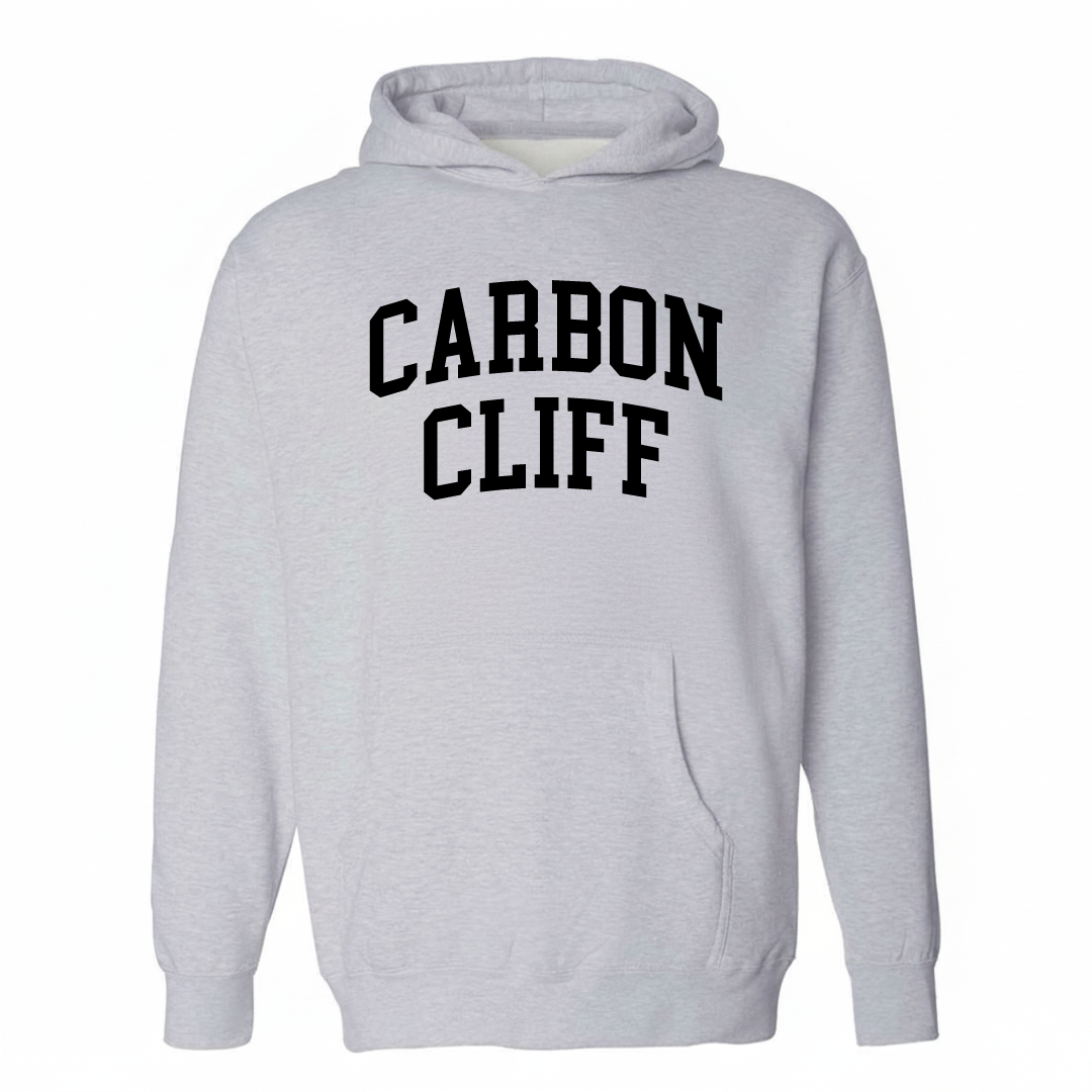 Heather-gray hoodie with the Carbon Cliff varsity arched lettering design on the chest.