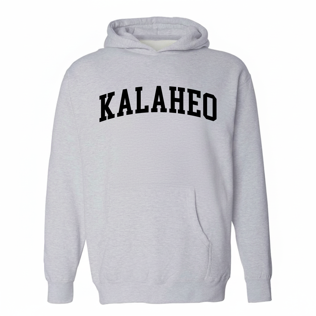 Heather-gray hoodie with the Kalāheo varsity arched lettering design on the chest.