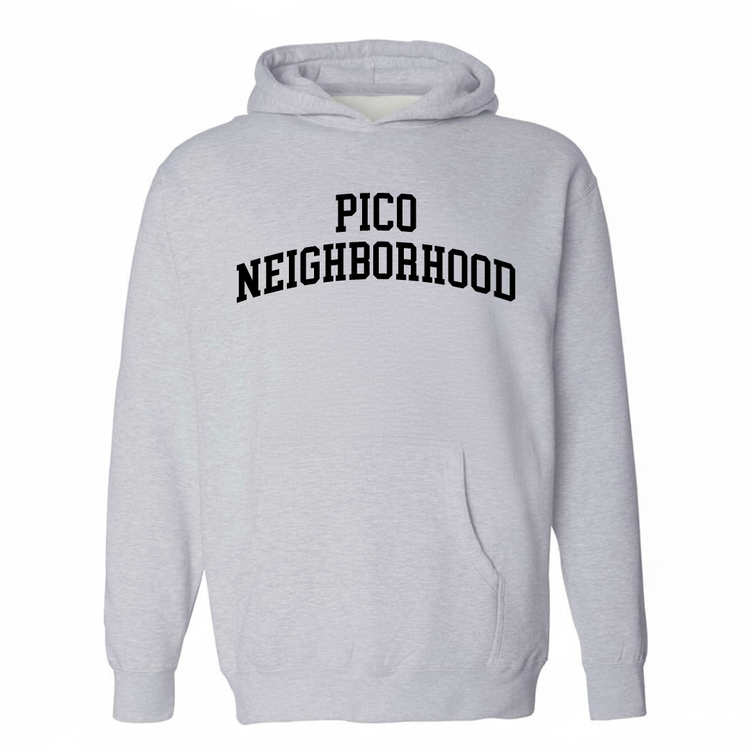 Heather-gray hoodie with the Pico Neighborhood varsity arched lettering design on the chest.