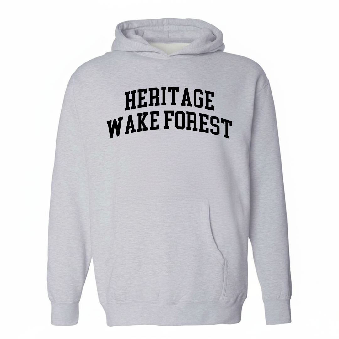 Heather-gray hoodie with the Heritage Wake Forest varsity arched lettering design on the chest.