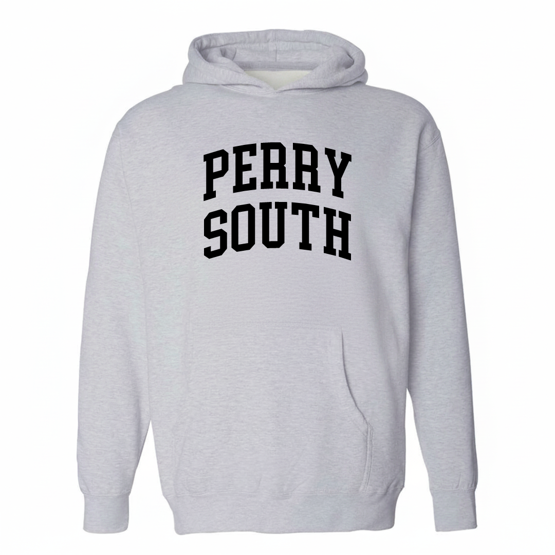 Heather-gray hoodie with the Perry South varsity arched lettering design on the chest.