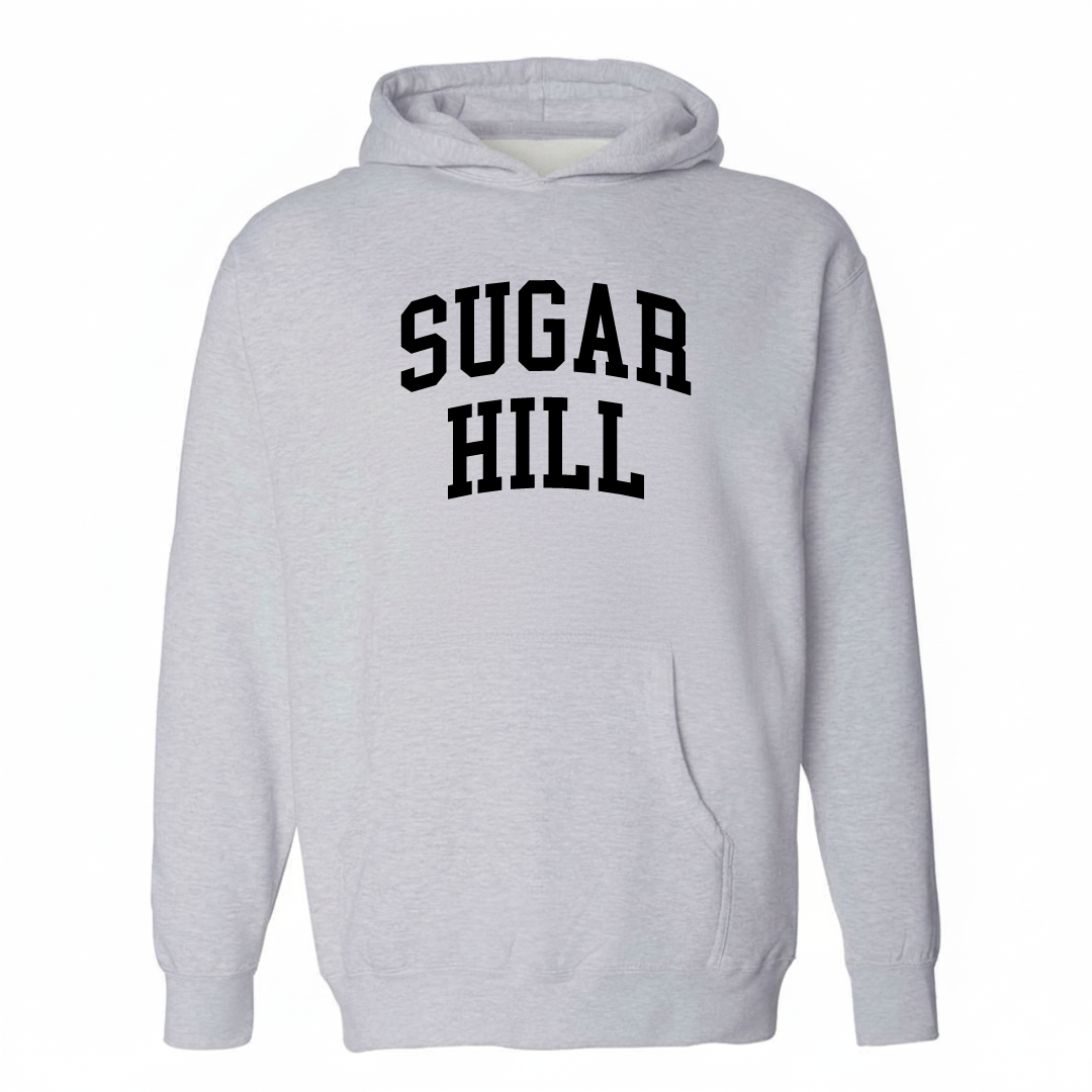 Heather-gray hoodie with the Sugar Hill arched lettering design on the chest.