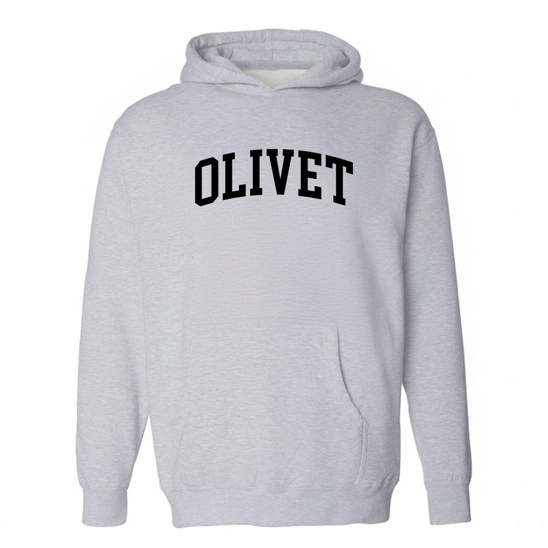 Heather-gray hoodie with the Olivet varsity arched lettering design on the chest.