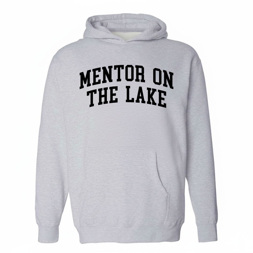 Heather-gray hoodie with the Mentor-on-the-Lake varsity arched lettering design on the chest.
