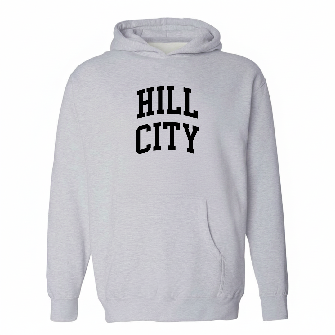 Heather-gray hoodie with the Hill City Chattanooga varsity arched lettering design on the chest.