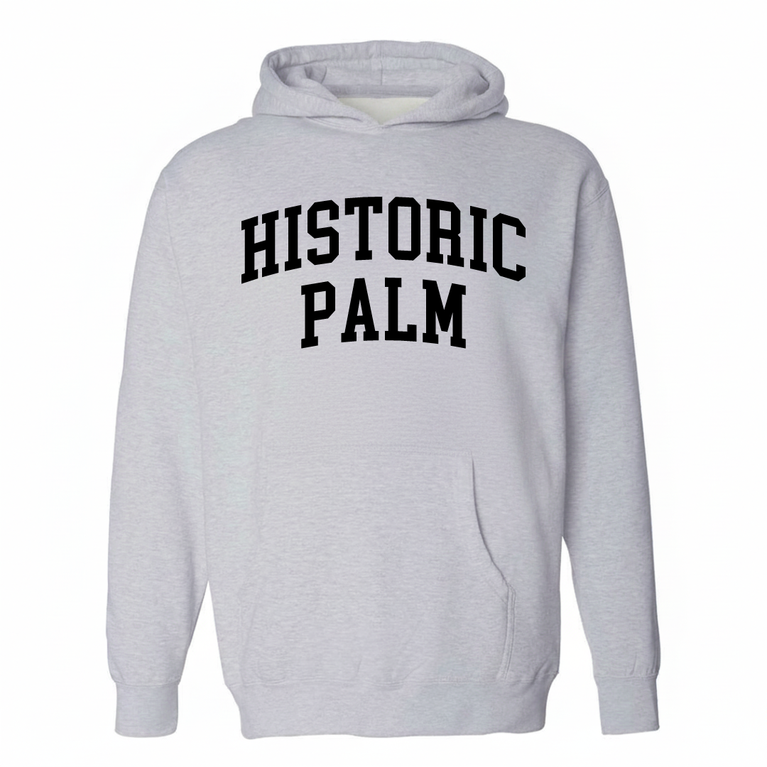 Heather-gray hoodie with the Historic Palm arched lettering design on the chest.