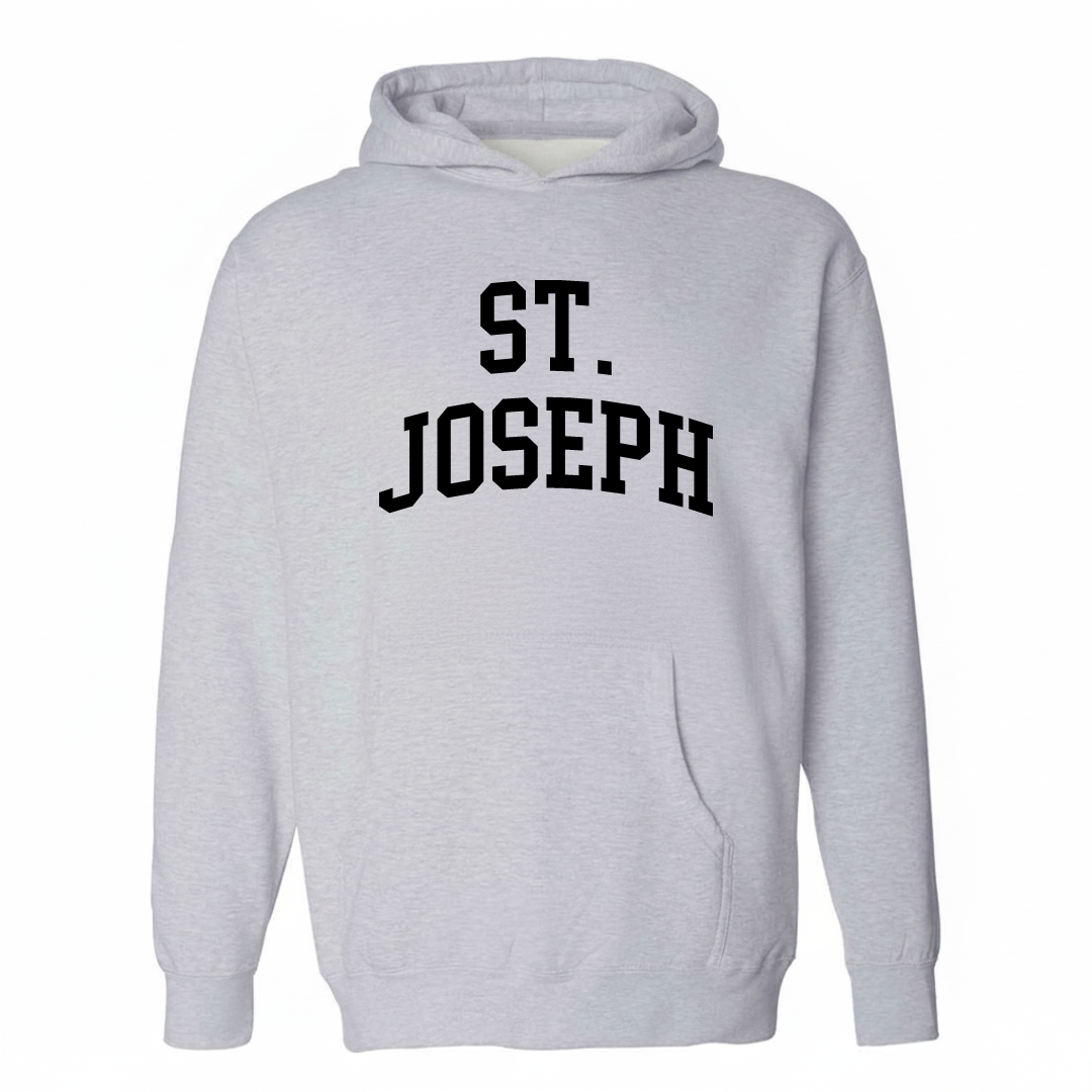 Heather-gray hoodie with the St. Joseph, TN varsity arched lettering design on the chest.