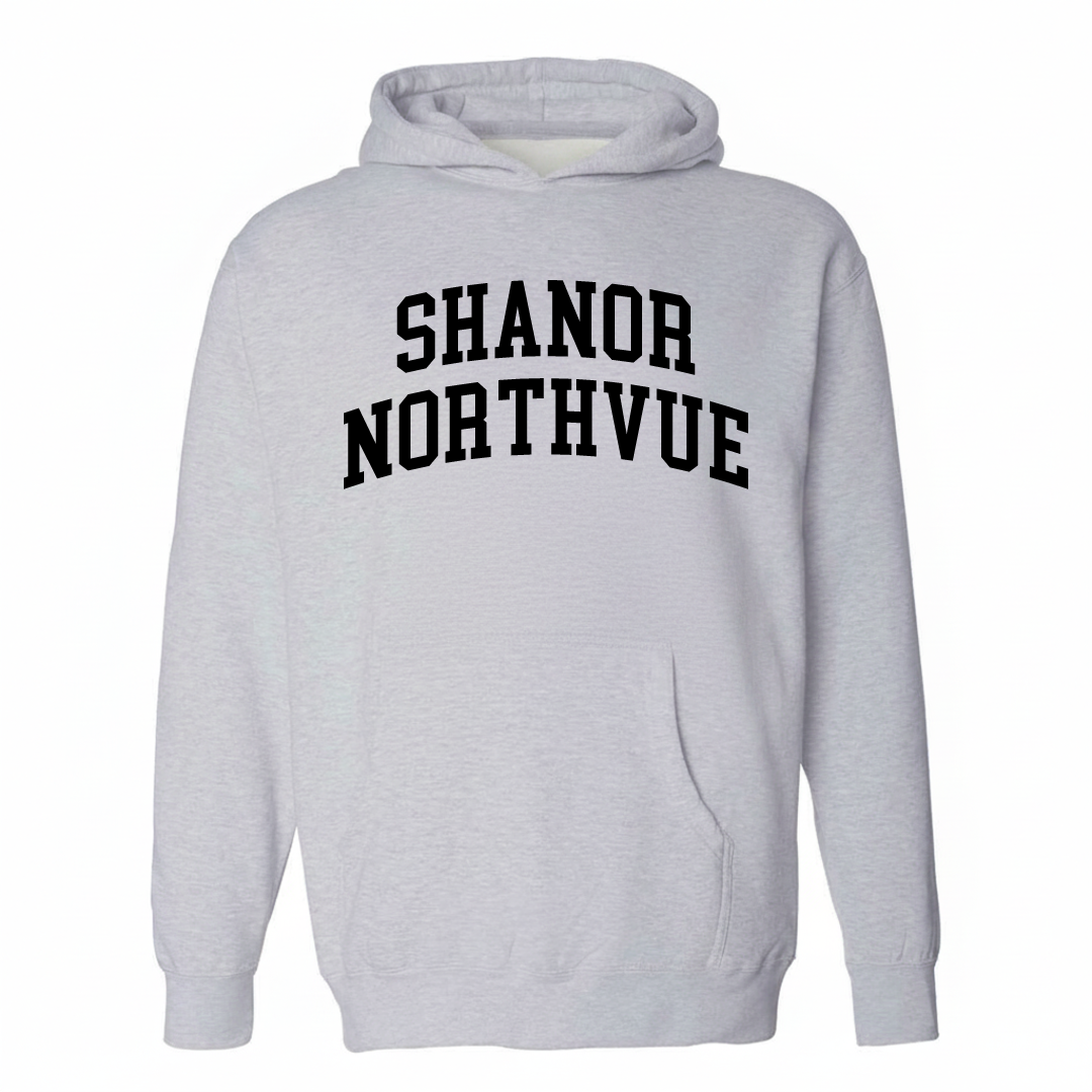 Heather-gray hoodie with the Shanor-Northvue varsity arched lettering design on the chest.