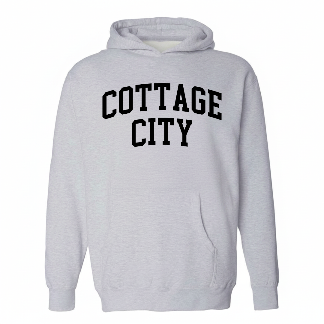 Heather-gray hoodie with the Cottage City varsity arched lettering design on the chest.
