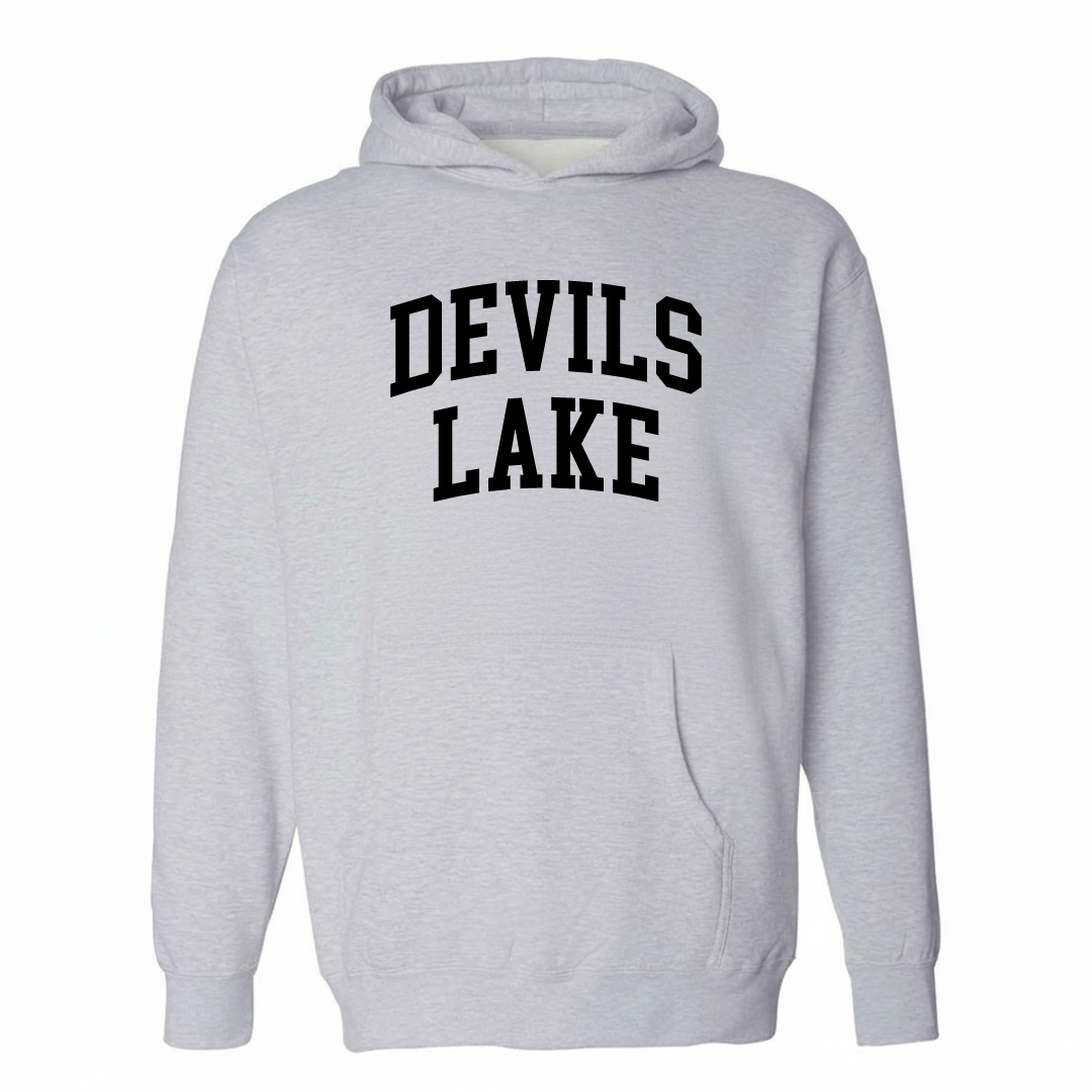 Heather-gray hoodie with the Devils Lake varsity arched lettering design on the chest.