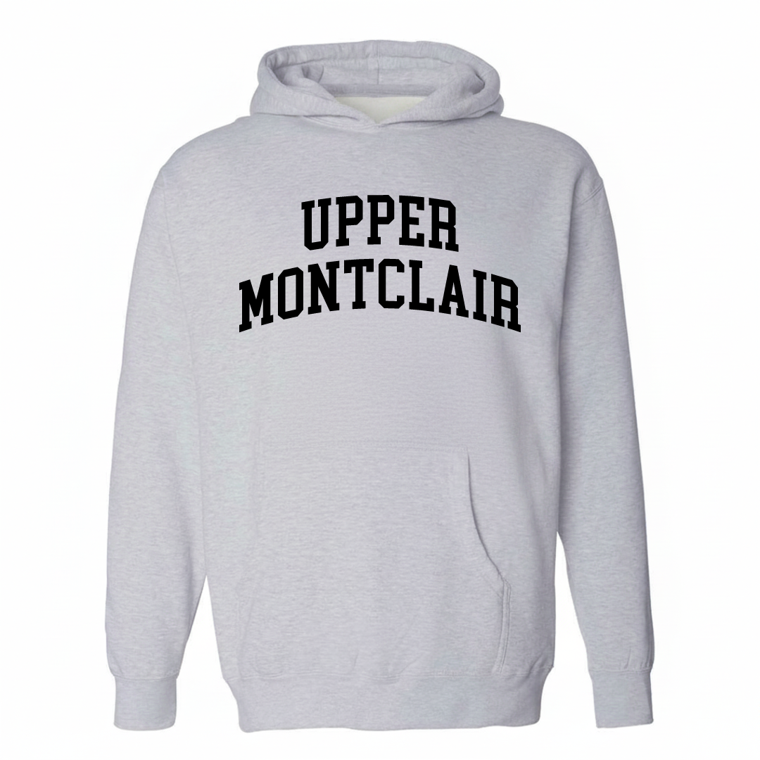 Heather-gray hoodie with the Upper Montclair arched lettering varsity design on the chest.