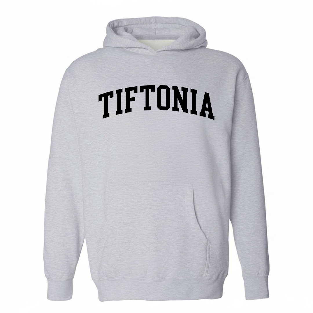 Heather-gray hoodie with the Tiftonia varsity arched lettering design on the chest.