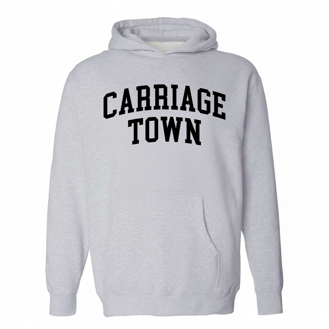 Heather-gray hoodie with the Carriage Town varsity arched lettering design on the chest.