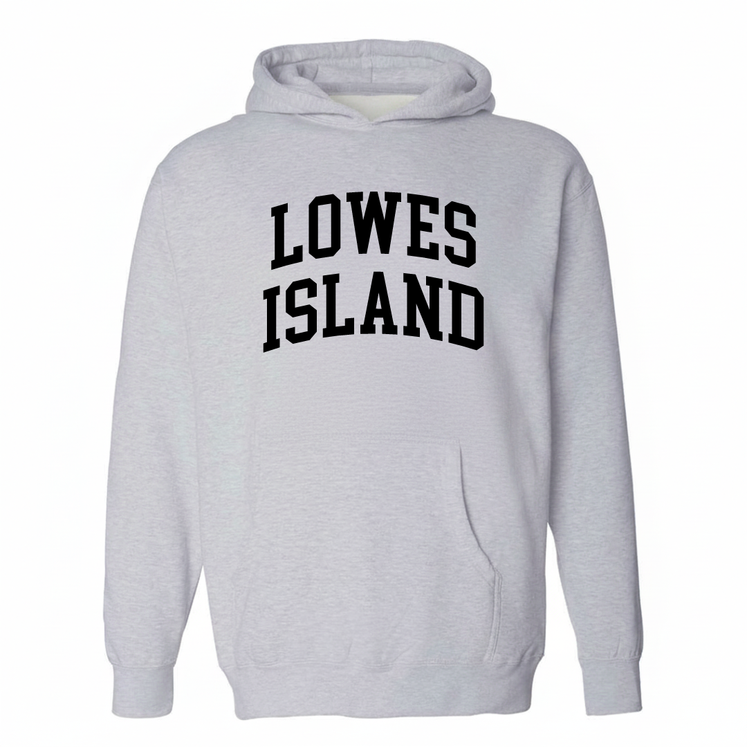 Heather-gray hoodie with the Lowes Island varsity arched lettering design on the chest.