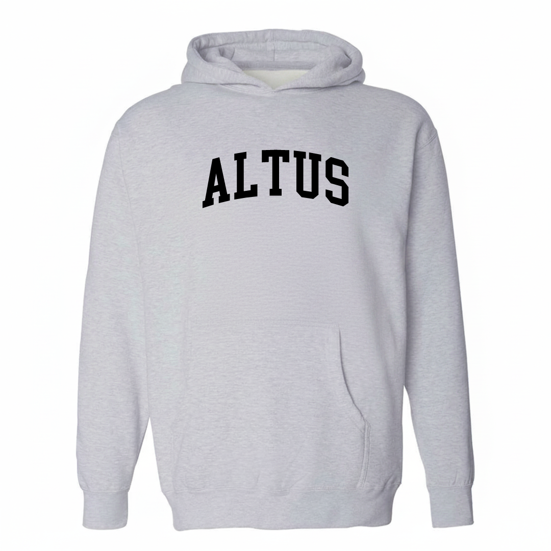 Heather-gray hoodie with the Altus varsity arched lettering design on the chest.