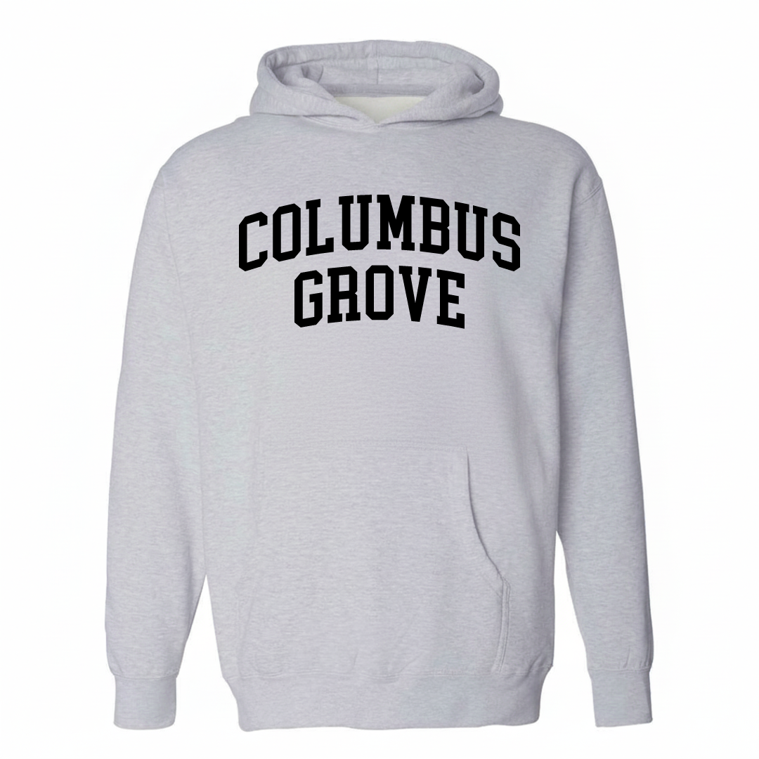 Heather-gray hoodie with the Columbus Grove varsity arched lettering design on the chest.