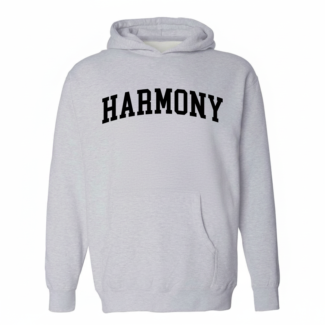Heather-gray hoodie with the Harmony NC varsity arched lettering design on the chest.