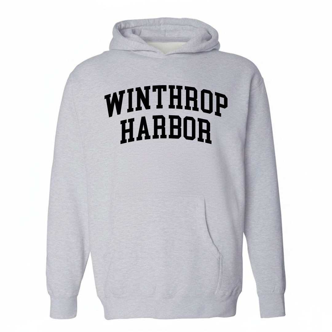 Heather-gray hoodie with the Winthrop Harbor varsity arched lettering design on the chest.